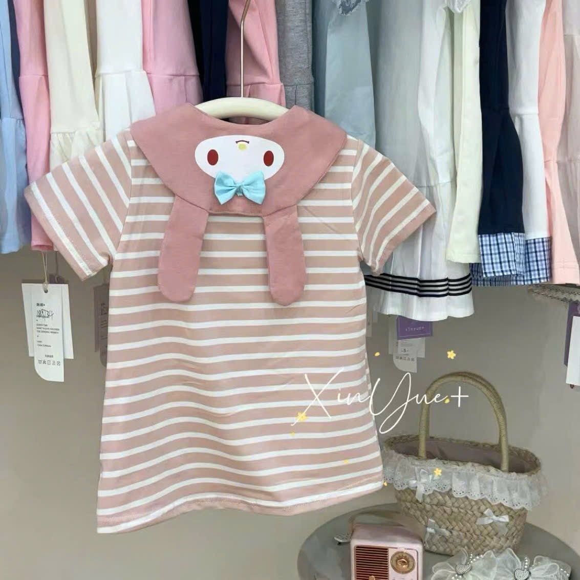 Set váy cotton + khăng quàng hoạ tiết Kuromi, Melody, Cinnamon bé gái size 90-130