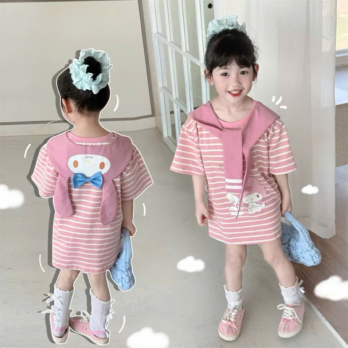 Set váy cotton + khăng quàng hoạ tiết Kuromi, Melody, Cinnamon bé gái size 90-130