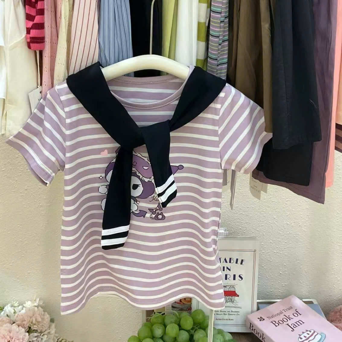 Set váy cotton + khăng quàng hoạ tiết Kuromi, Melody, Cinnamon bé gái size 90-130
