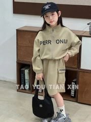 Set nỉ TYTX BABY áo khoác kéo khoá PERR ONUI - Chân váy túi hộp 2 màu size 90 - 130