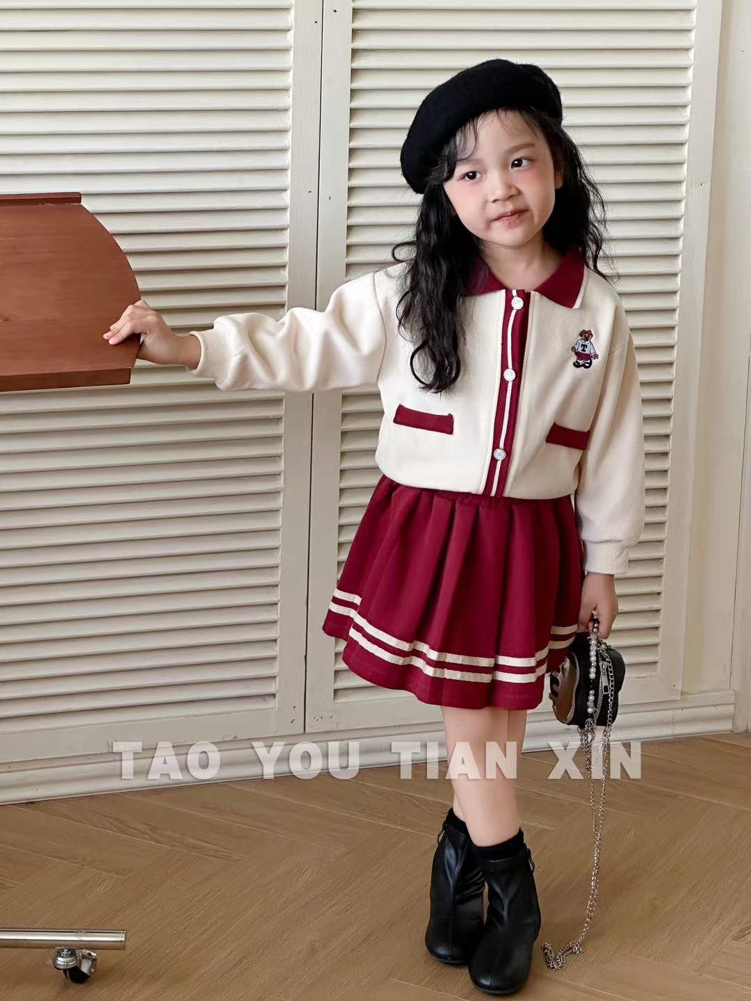 Set nỉ TYTX BABY áo polo thêu gấu ngực - chân váy 3 màu size 90 - 130