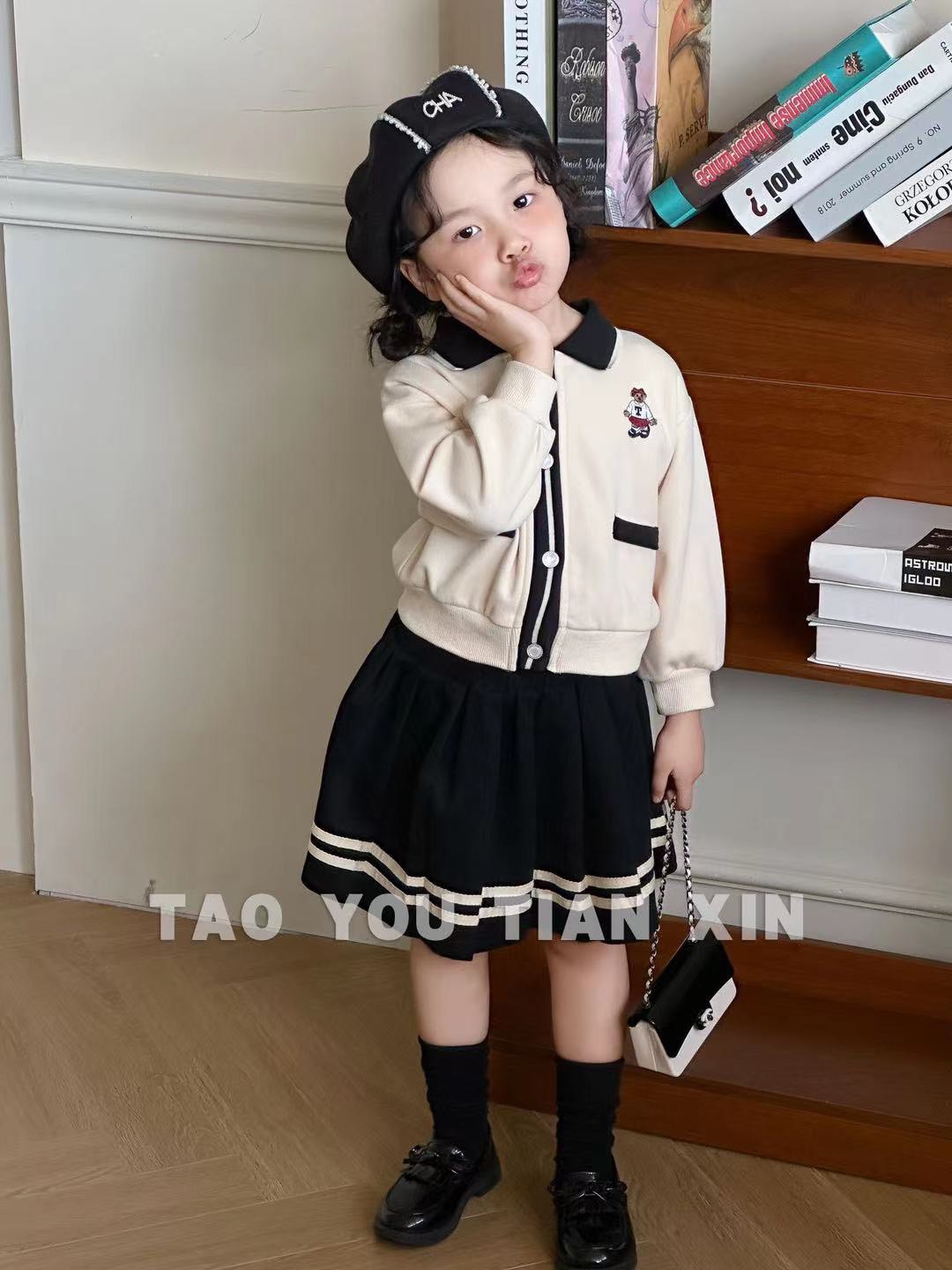 Set nỉ TYTX BABY áo polo thêu gấu ngực - chân váy 3 màu size 90 - 130