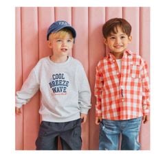 Áo sơ mi linen Toto Heros caro trắng đỏ thêu Feel So Good size 110 - 150