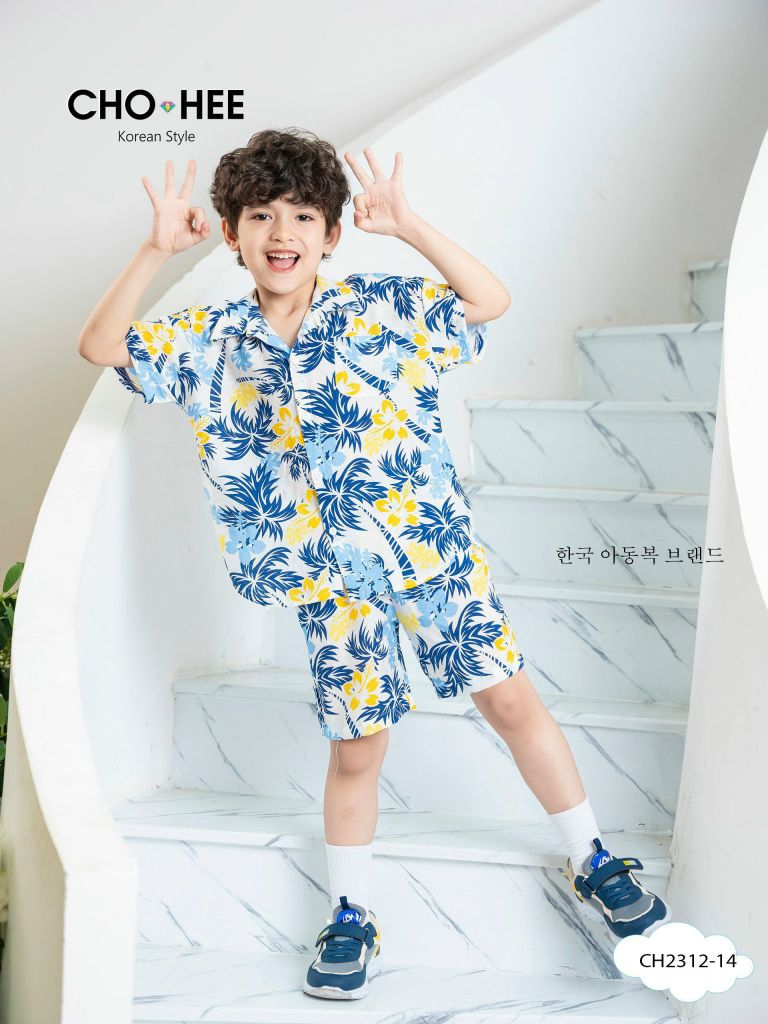 Set bộ đũi Oli River áo sơ mi trắng lá xanh vàng BT size 2-11y