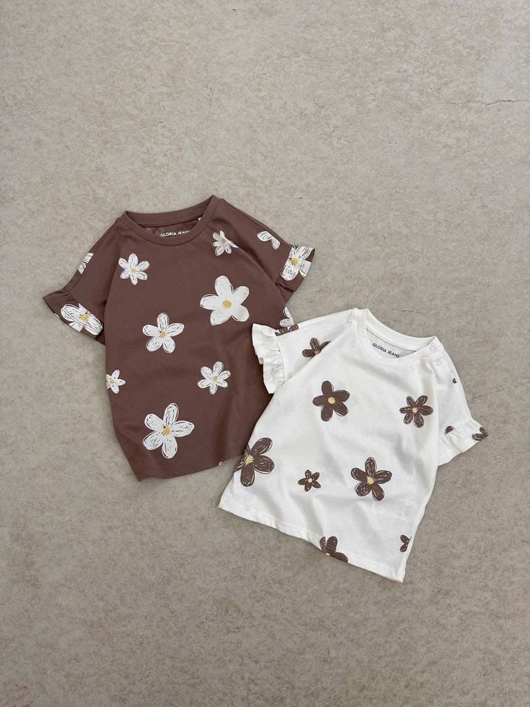 Áo cotton GGJJ dư xịn hoa nhí 2 màu trắng/nâu bé gái size 2-8y