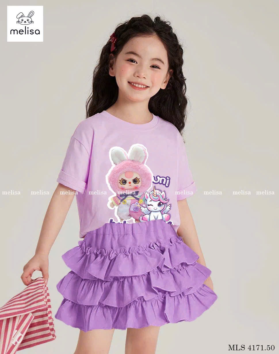 MLS 4171 - Set bộ Melisa áo tím baby three + unicorn + chân váy bèo bé gái size 2-12y