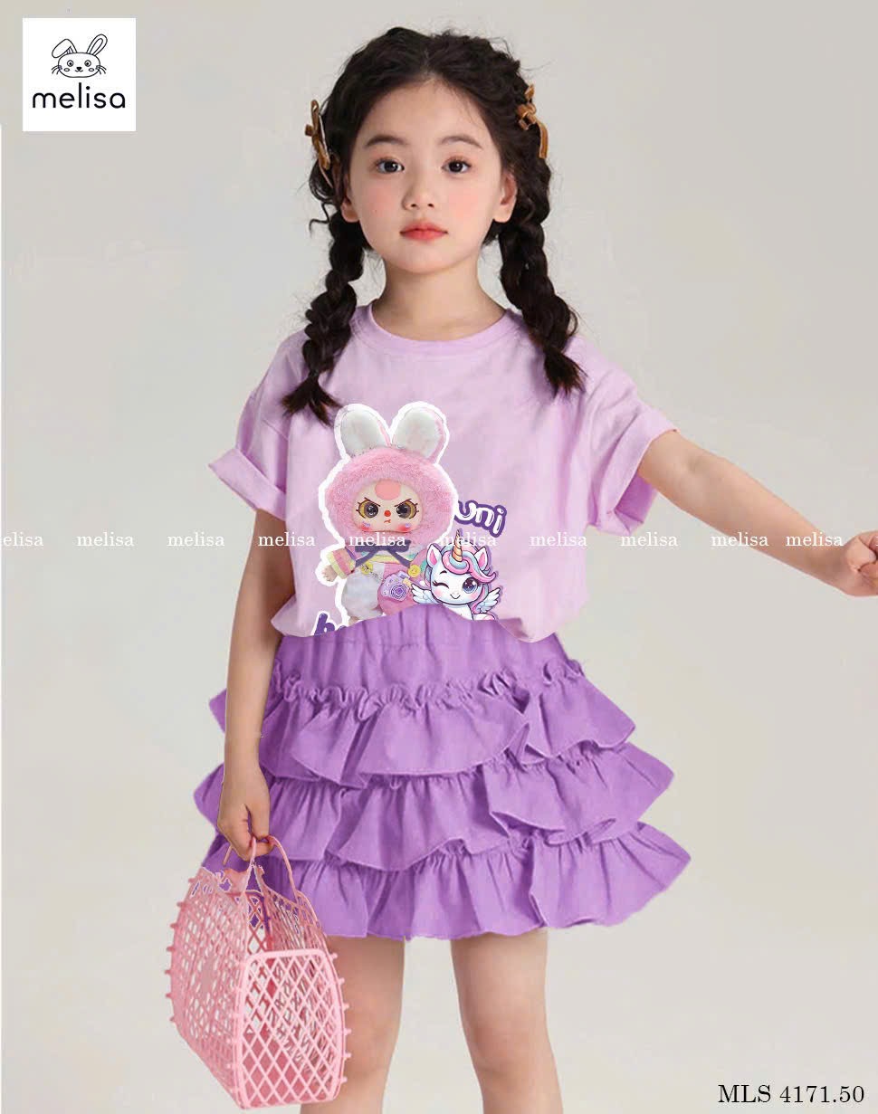 MLS 4171 - Set bộ Melisa áo tím baby three + unicorn + chân váy bèo bé gái size 2-12y