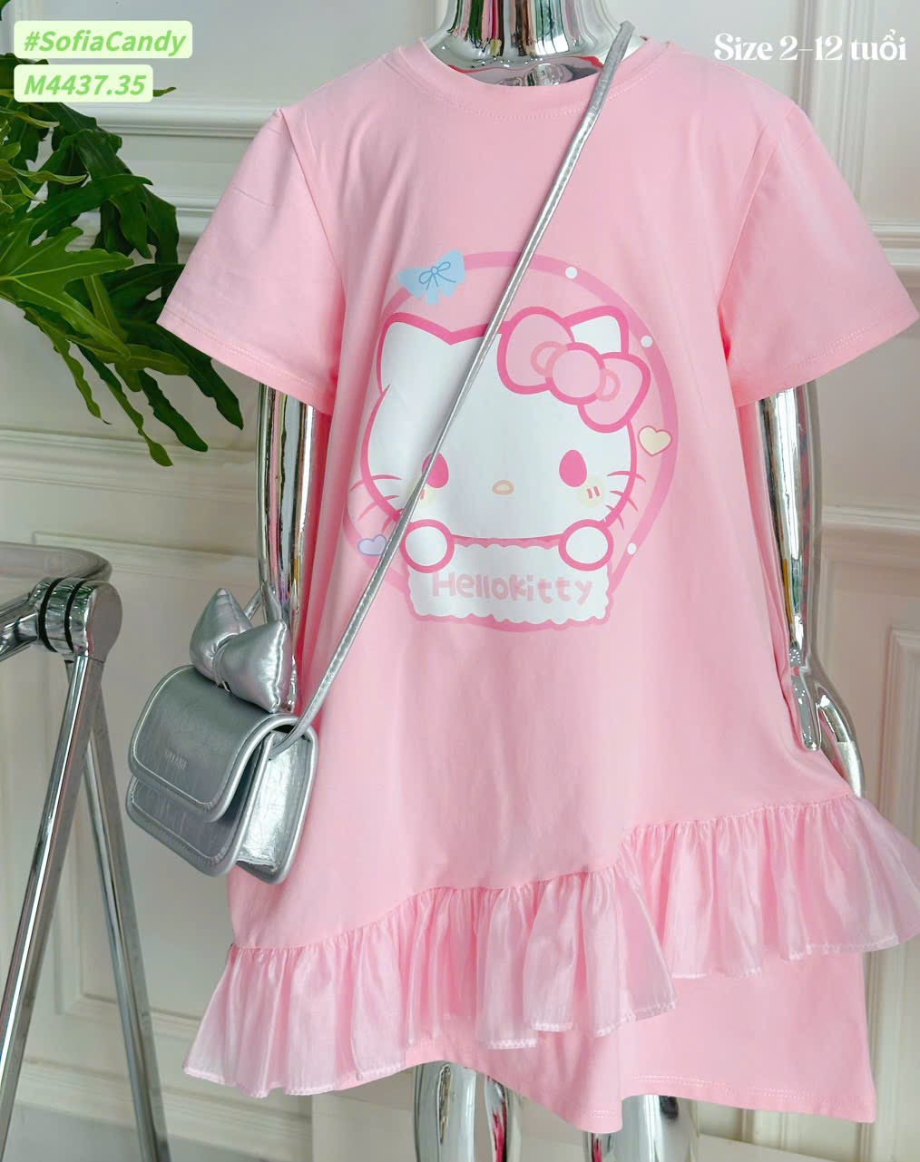 M4437 - Váy cotton Mia Kids Hello Kitty hồng phối bèo bé gái size 2-12y