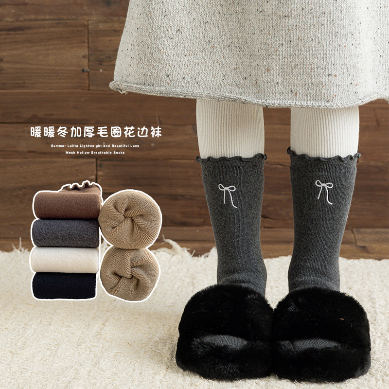 Tất dày cao cổ thêu nơ không gót nhiều màu bé gái freesize