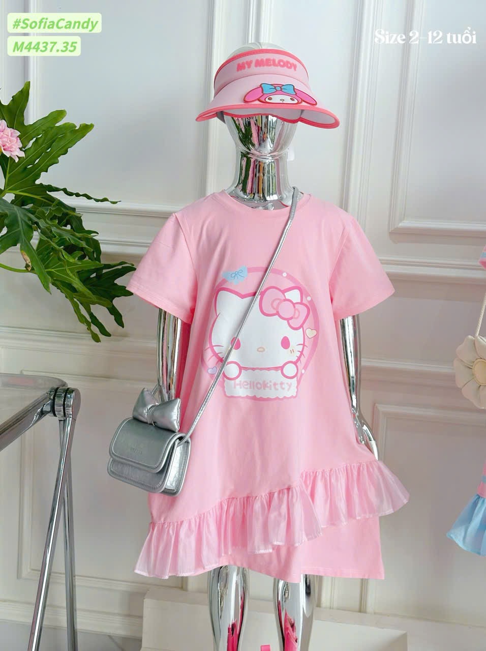 M4437 - Váy cotton Mia Kids Hello Kitty hồng phối bèo bé gái size 2-12y