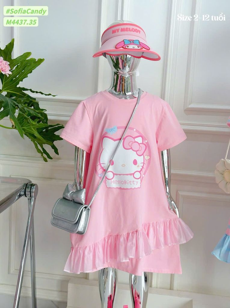 M4437 - Váy cotton Mia Kids Hello Kitty hồng phối bèo bé gái size 2-12y