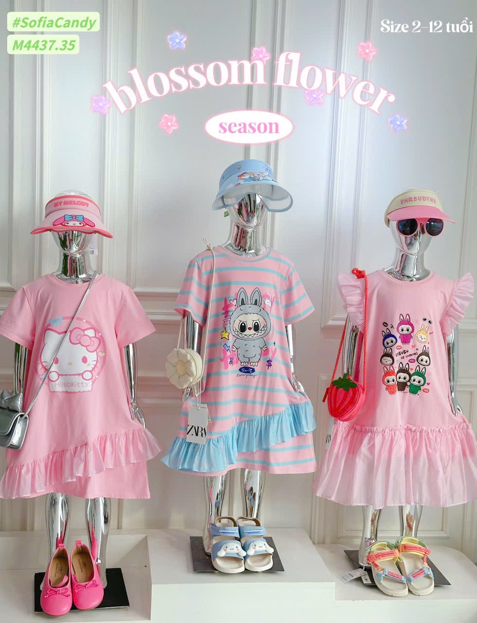 M4437 - Váy cotton Mia Kids Hello Kitty hồng phối bèo bé gái size 2-12y