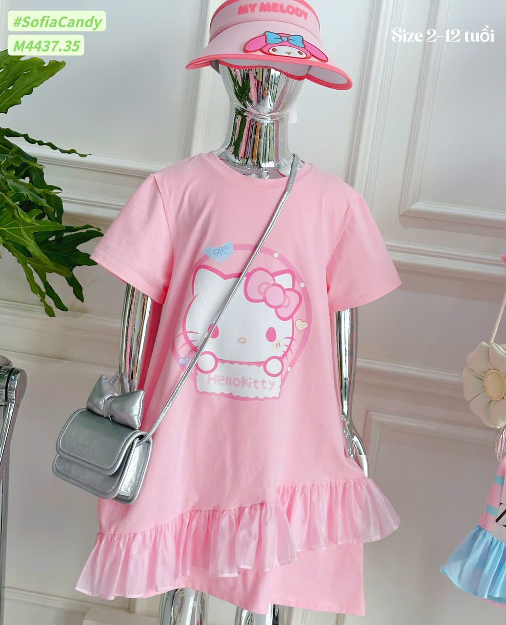 M4437 - Váy cotton Mia Kids Hello Kitty hồng phối bèo bé gái size 2-12y