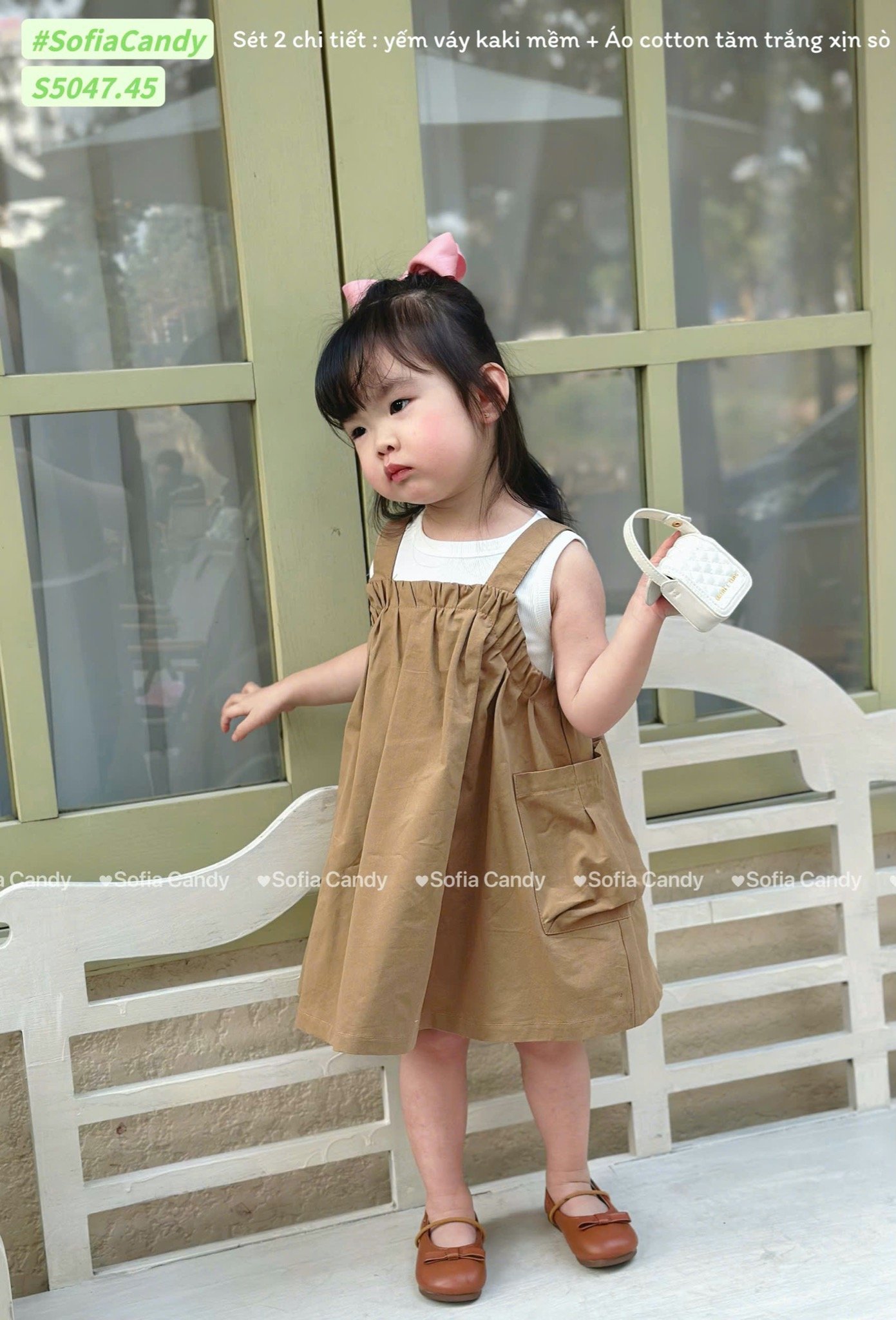 S5047 - Set Sofia Candy áo thun tăm + váy yếm 2 màu vàng/nâu bé gái size 1-10y