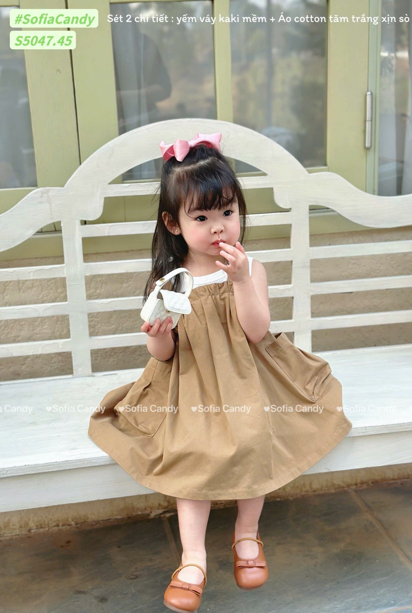 S5047 - Set Sofia Candy áo thun tăm + váy yếm 2 màu vàng/nâu bé gái size 1-10y