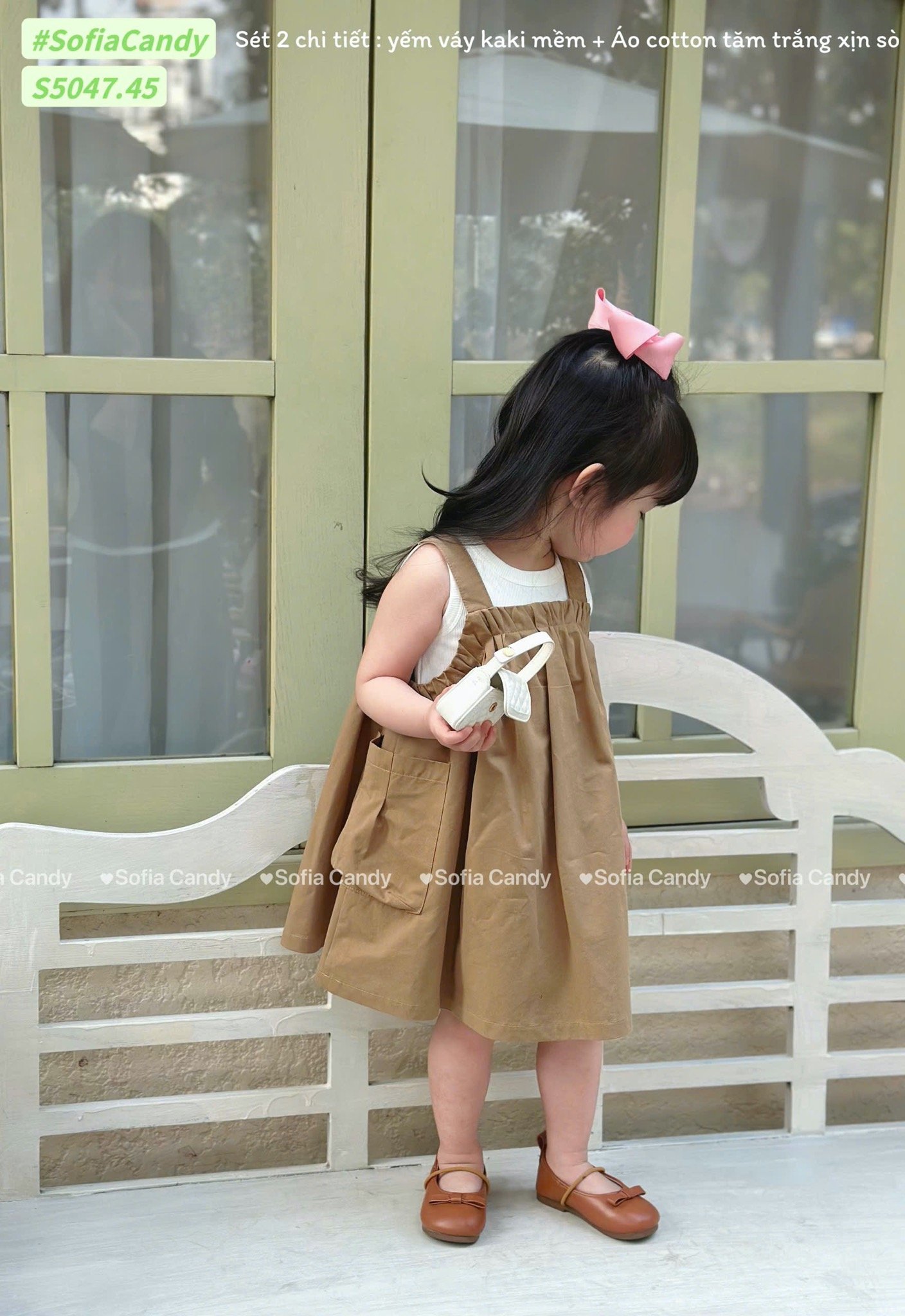 S5047 - Set Sofia Candy áo thun tăm + váy yếm 2 màu vàng/nâu bé gái size 1-10y