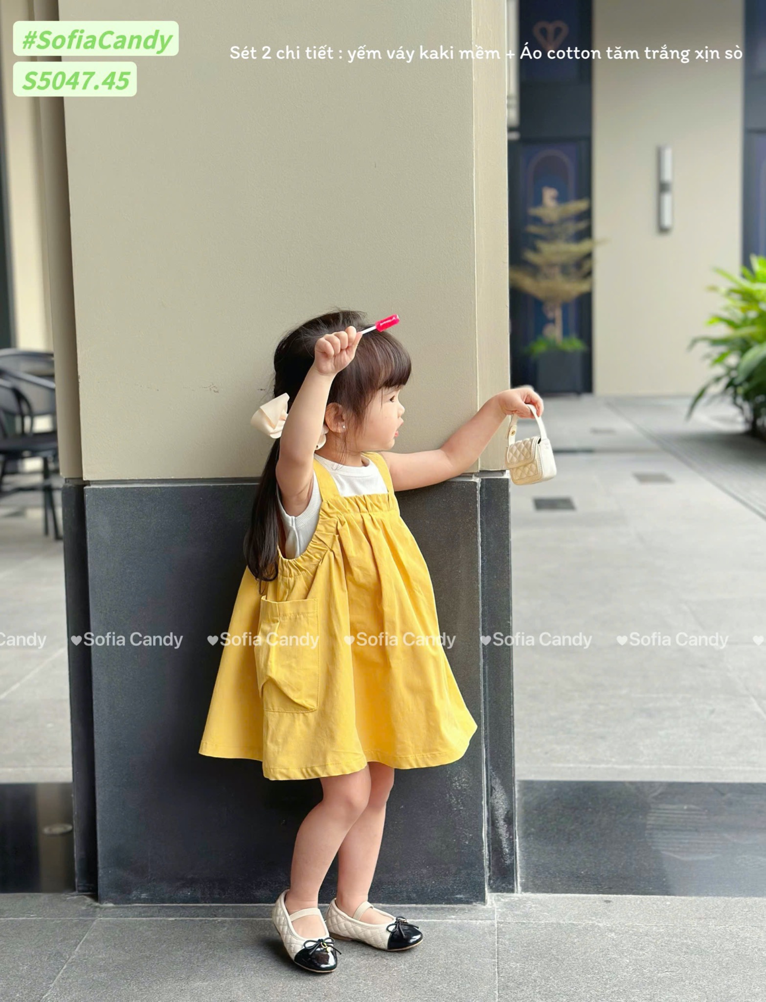S5047 - Set Sofia Candy áo thun tăm + váy yếm 2 màu vàng/nâu bé gái size 1-10y