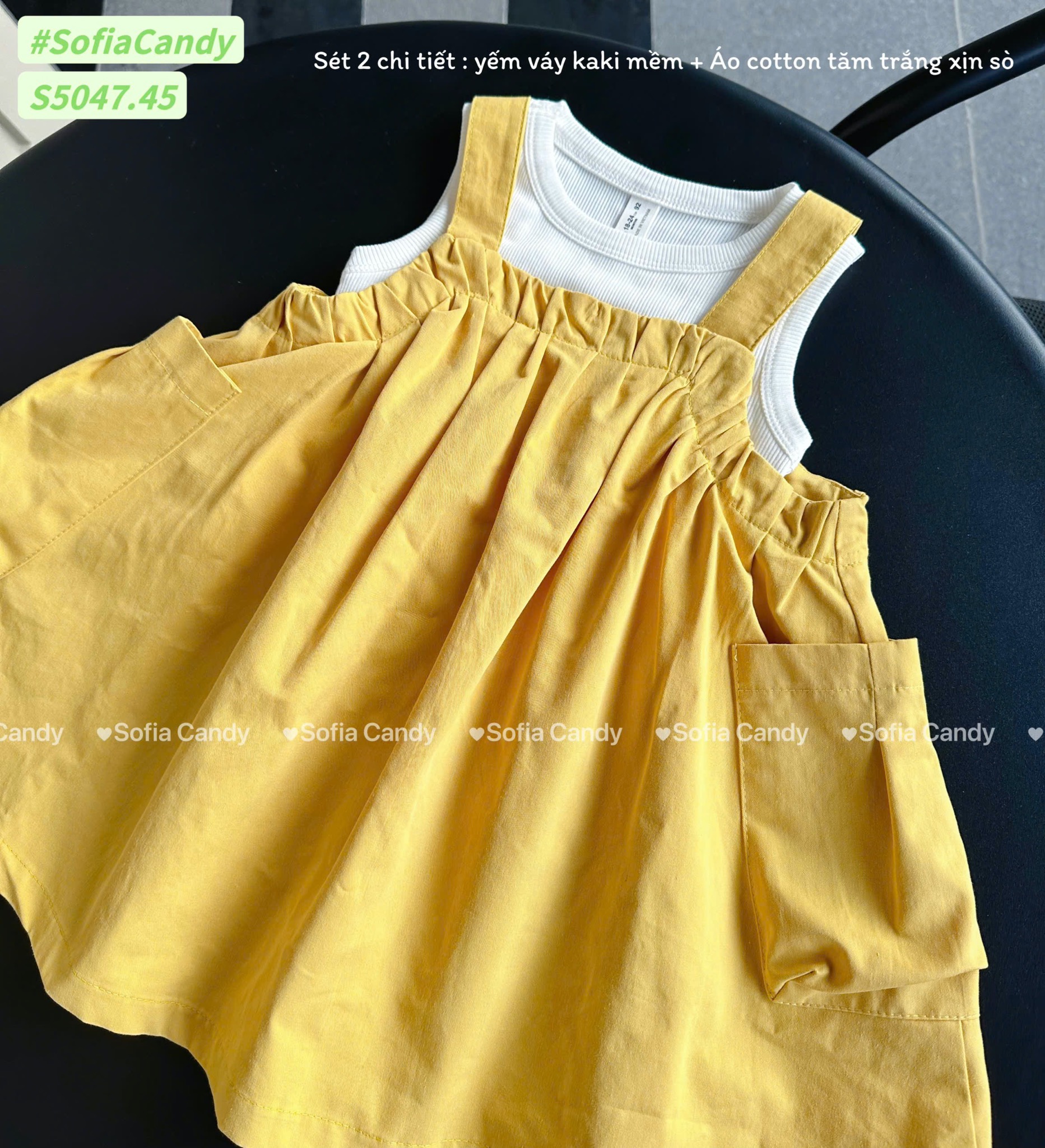 S5047 - Set Sofia Candy áo thun tăm + váy yếm 2 màu vàng/nâu bé gái size 1-10y