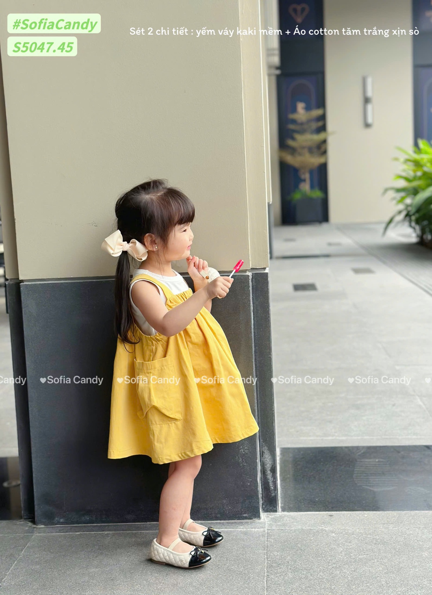 S5047 - Set Sofia Candy áo thun tăm + váy yếm 2 màu vàng/nâu bé gái size 1-10y