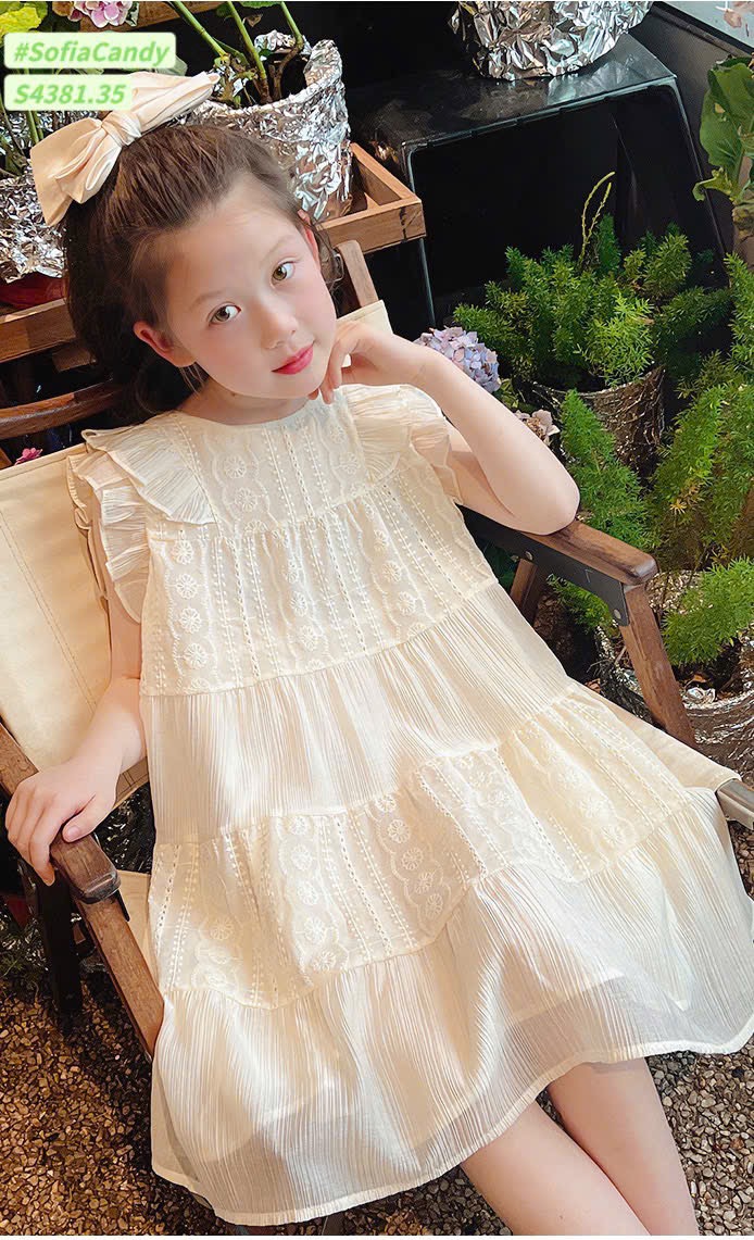 S4381 - Váy Sofia Candy vải thô thêu trắng tay cánh tiên bé gái size 1-10y