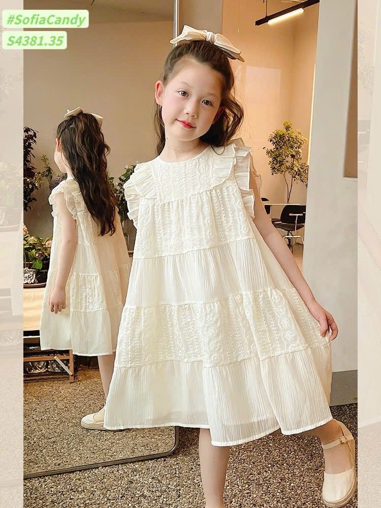 S4381 - Váy Sofia Candy vải thô thêu trắng tay cánh tiên bé gái size 1-10y