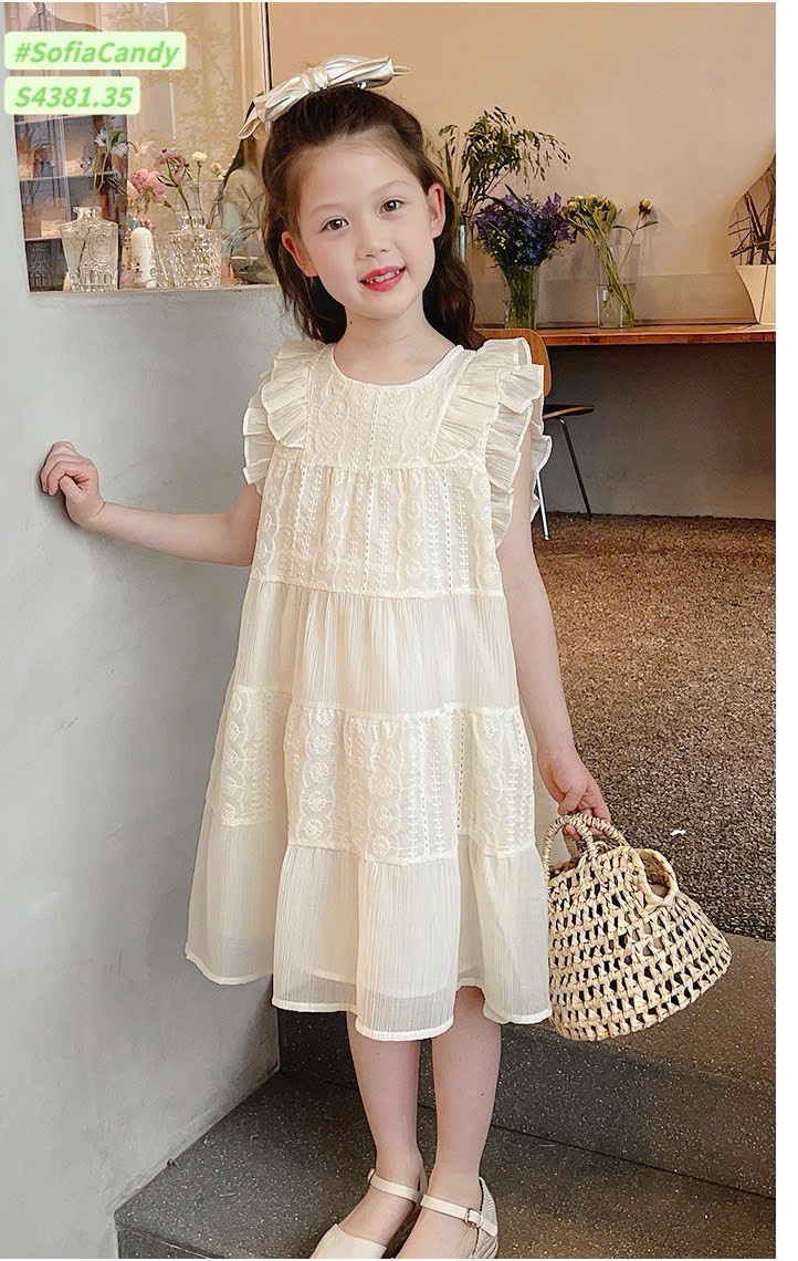S4381 - Váy Sofia Candy vải thô thêu trắng tay cánh tiên bé gái size 1-10y