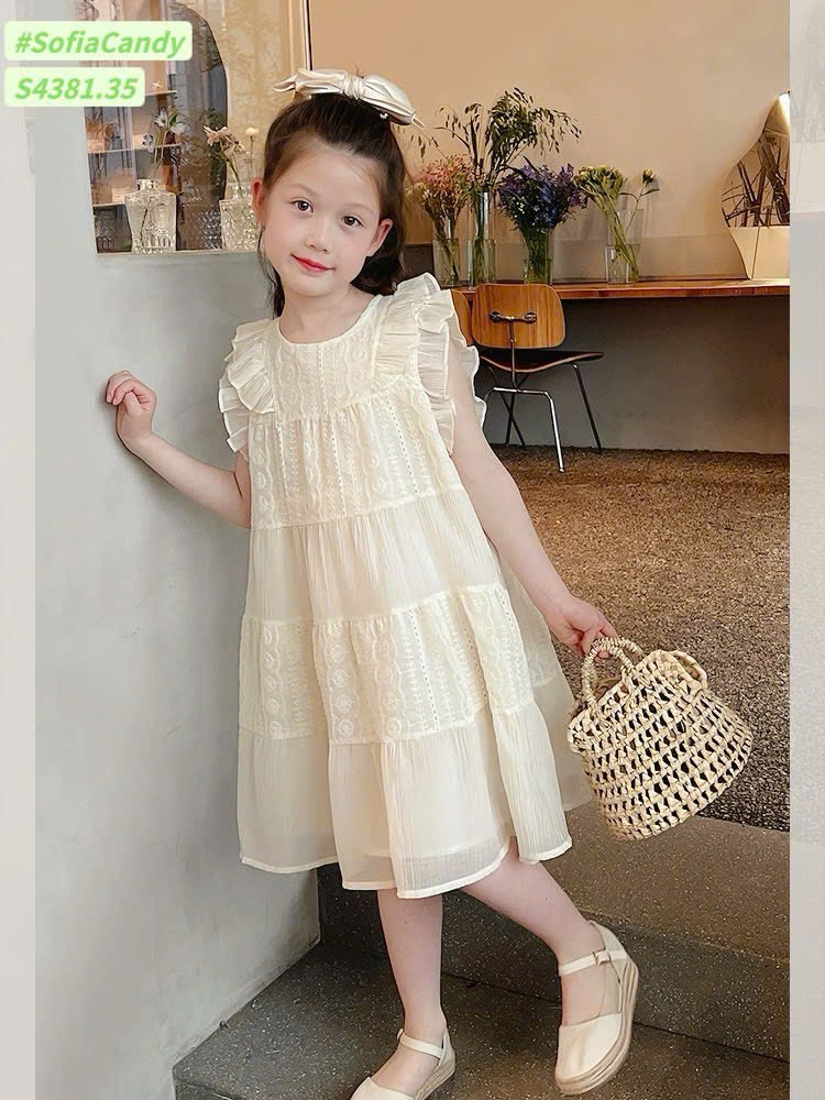 S4381 - Váy Sofia Candy vải thô thêu trắng tay cánh tiên bé gái size 1-10y