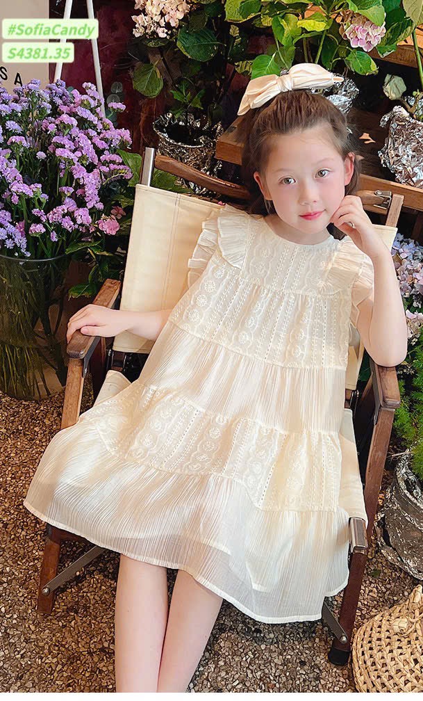 S4381 - Váy Sofia Candy vải thô thêu trắng tay cánh tiên bé gái size 1-10y
