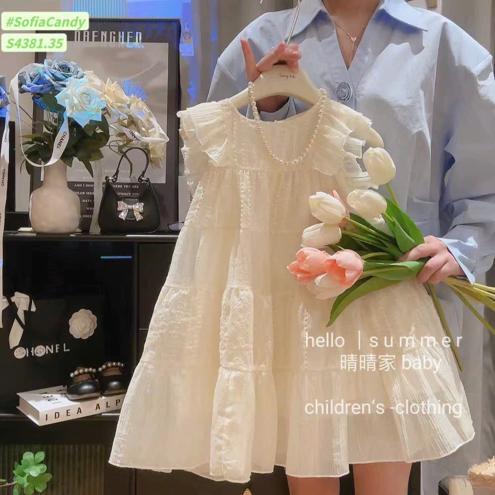 S4381 - Váy Sofia Candy vải thô thêu trắng tay cánh tiên bé gái size 1-10y