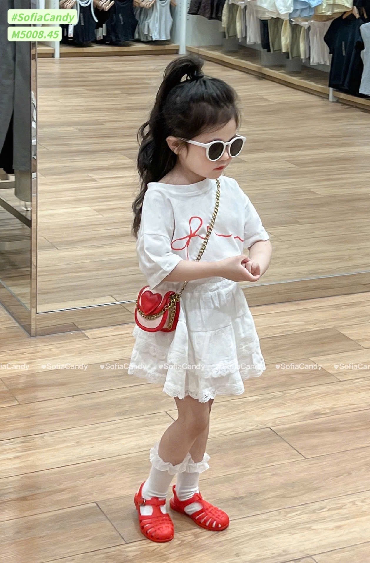 M5008 - Bộ Mia Kids áo trắng nơ phối chân váy liền quần bé gái size 1-10y
