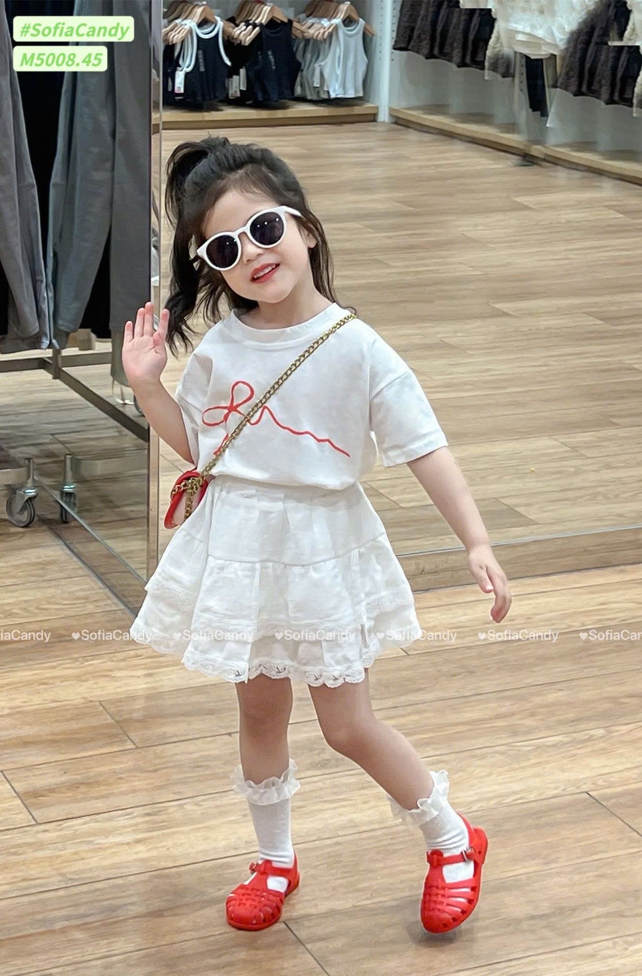 M5008 - Bộ Mia Kids áo trắng nơ phối chân váy liền quần bé gái size 1-10y
