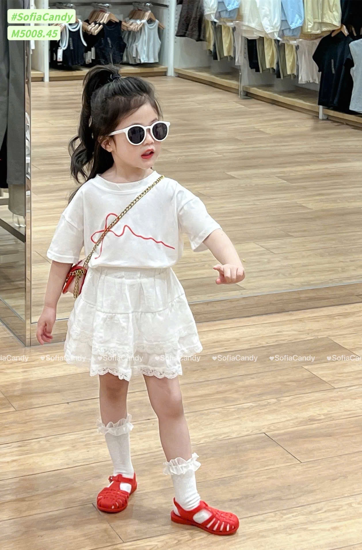 M5008 - Bộ Mia Kids áo trắng nơ phối chân váy liền quần bé gái size 1-10y
