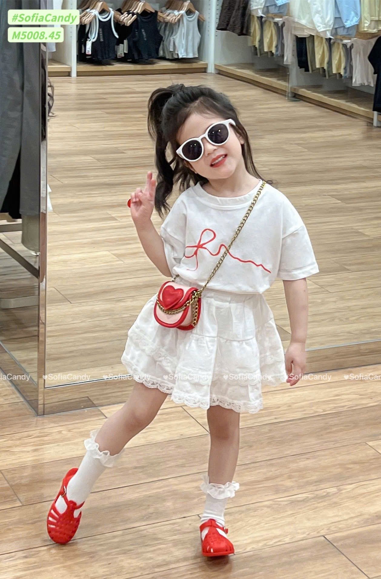 M5008 - Bộ Mia Kids áo trắng nơ phối chân váy liền quần bé gái size 1-10y