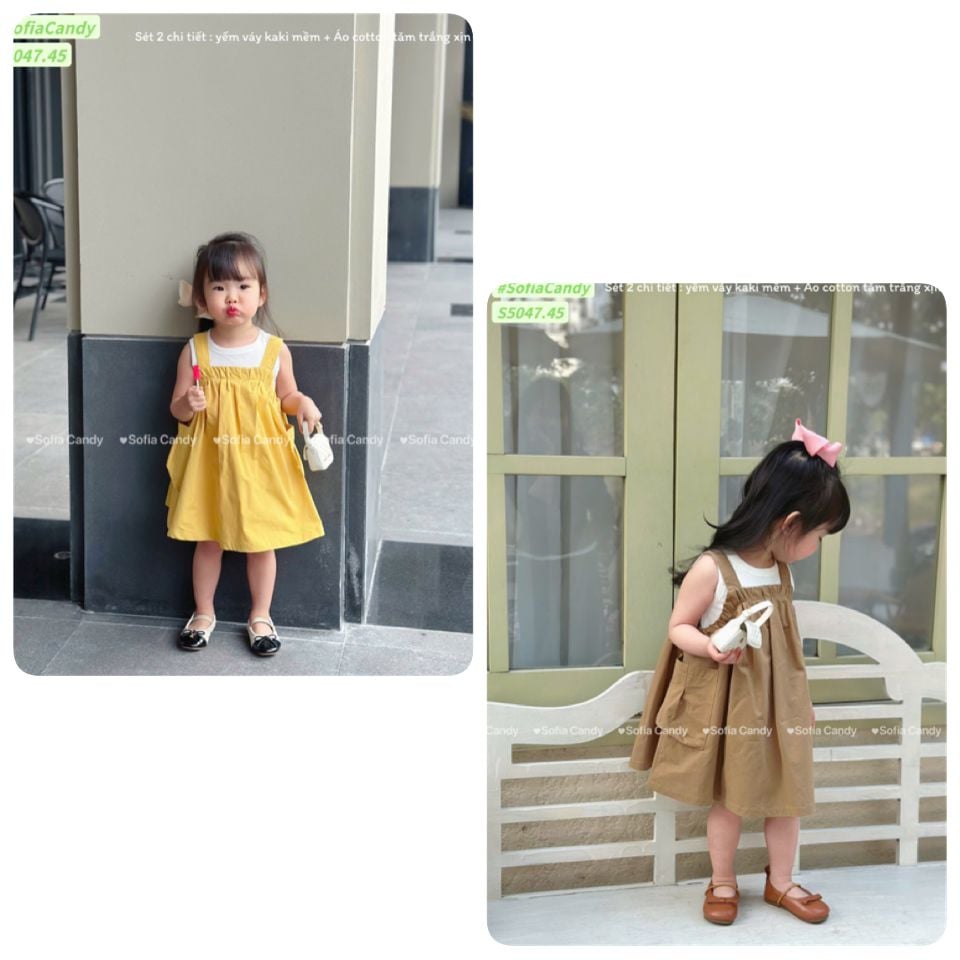 S5047 - Set Sofia Candy áo thun tăm + váy yếm 2 màu vàng/nâu bé gái size 1-10y