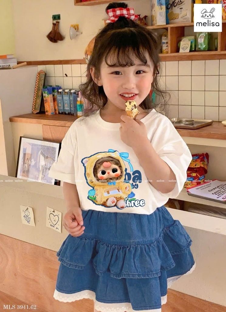 MLS 3941 - Bộ Melisa Baby Three + chân váy denim bé gái size 2-12y