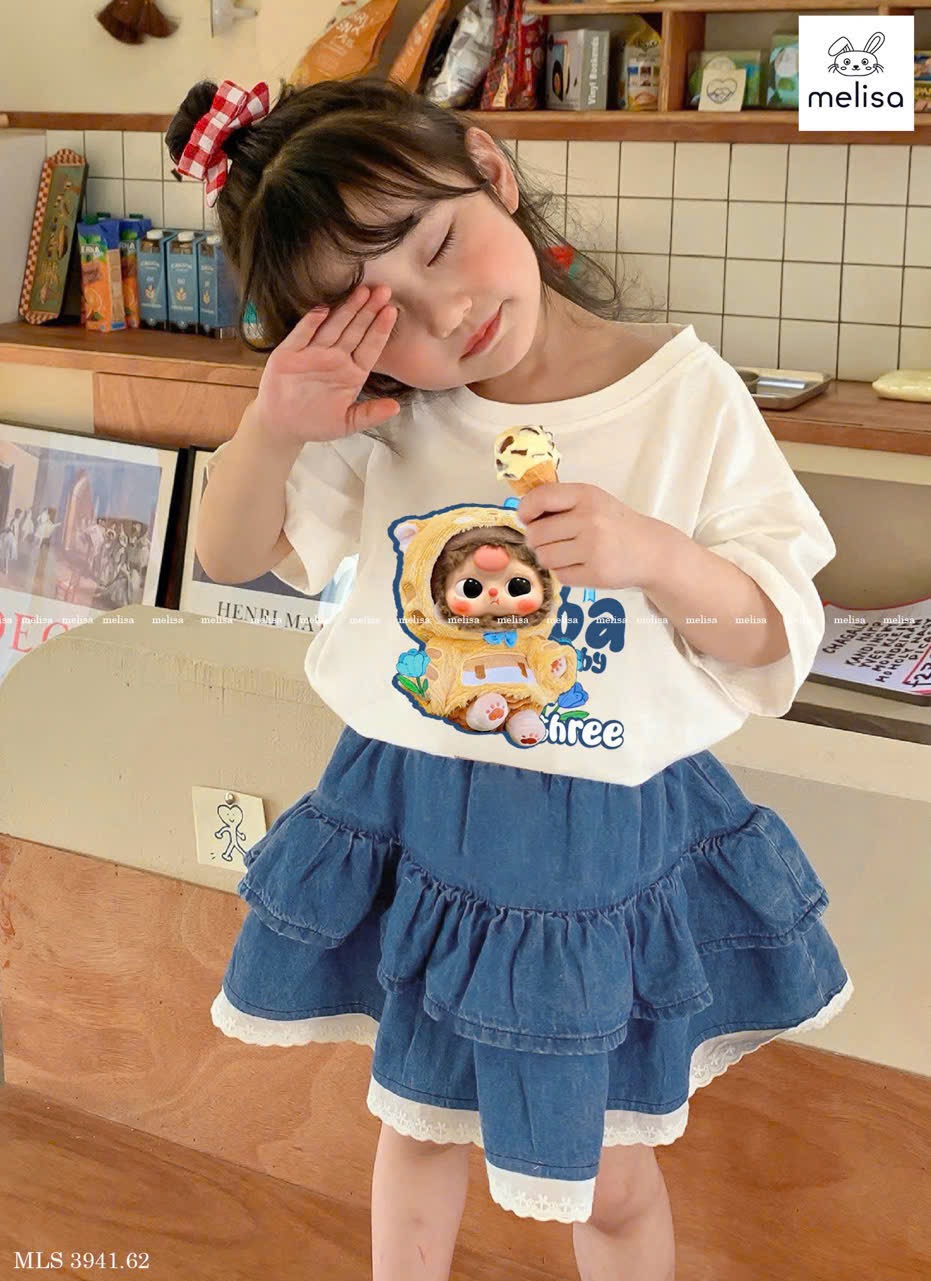 MLS 3941 - Bộ Melisa Baby Three + chân váy denim bé gái size 2-12y