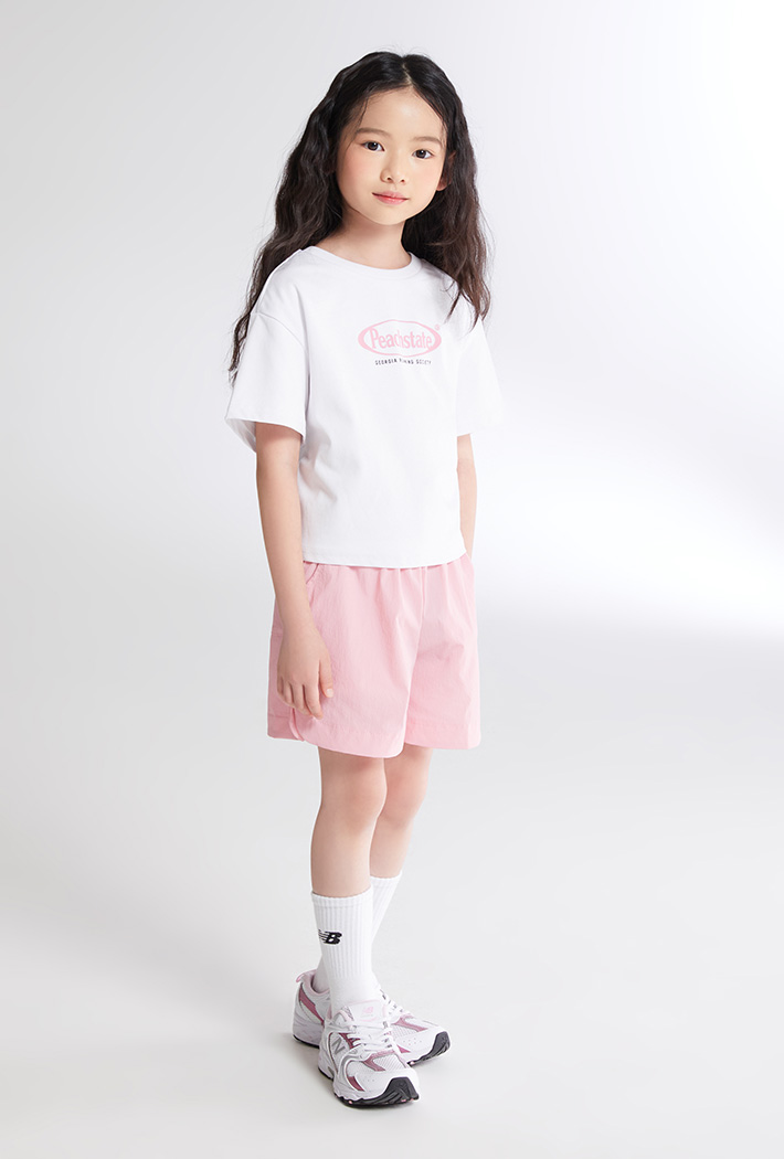 Bộ Spao áo thun Peachstate trắng mix short gió hồng BG size 120-160