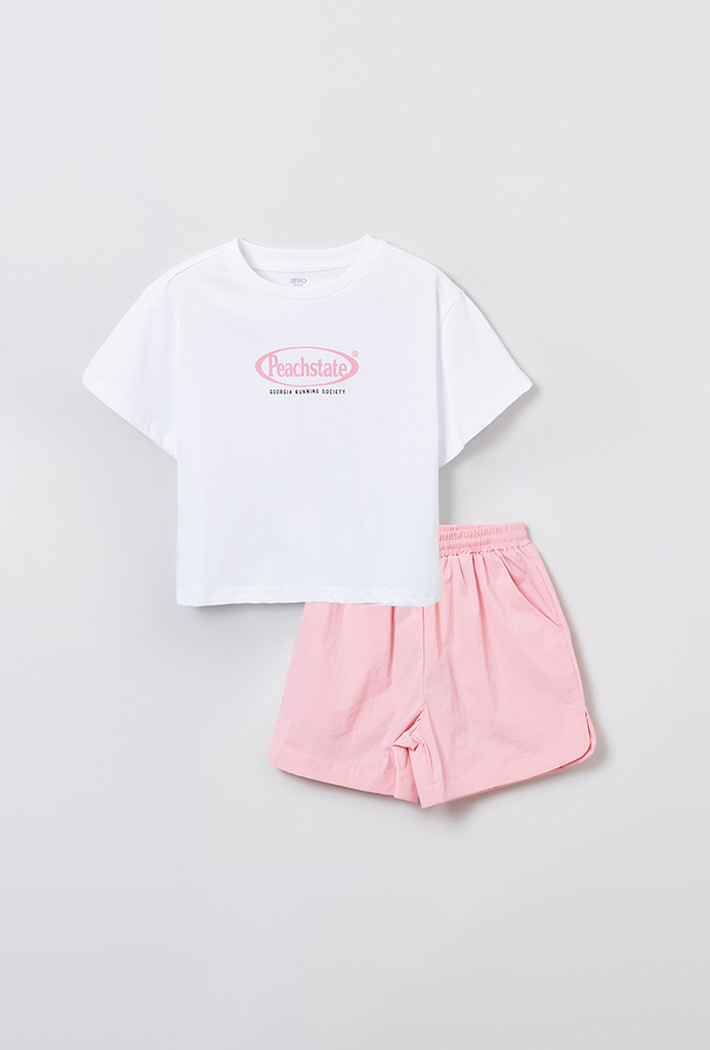 Bộ Spao áo thun Peachstate trắng mix short gió hồng BG size 120-160