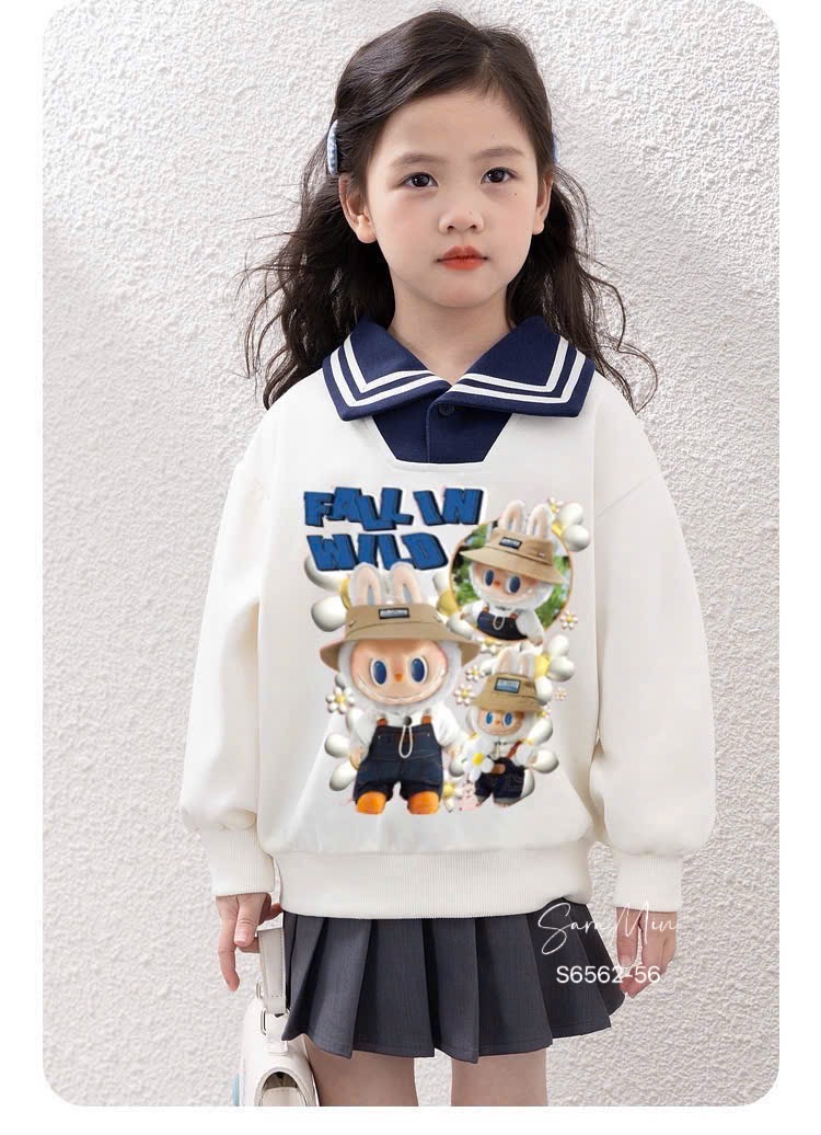 Set bộ Sara Min Labubu áo cổ thủy thủ + chân váy xếp ly bé gái size 2-12y