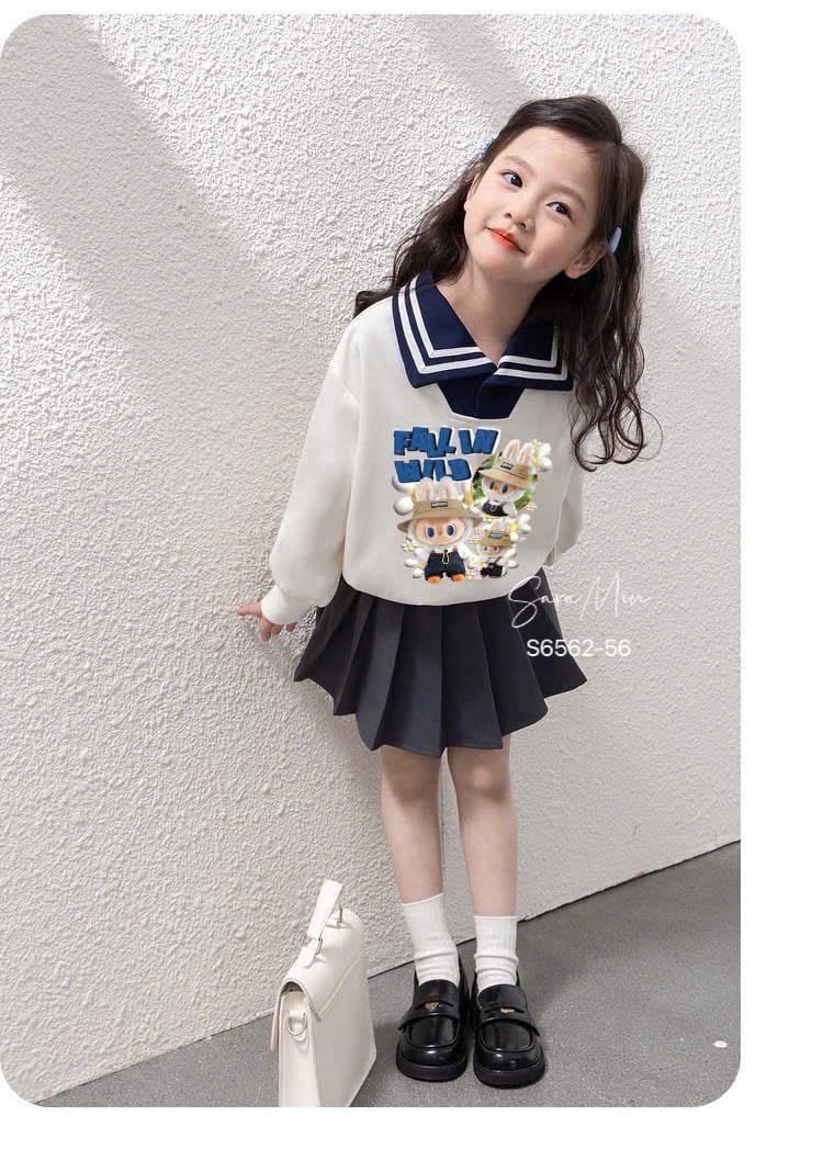 Set bộ Sara Min Labubu áo cổ thủy thủ + chân váy xếp ly bé gái size 2-12y