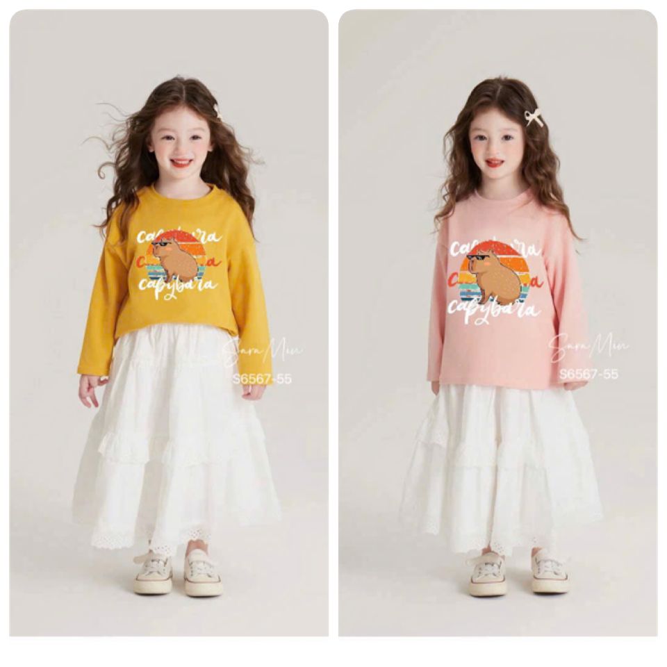 Set váy Sara Min áo nỉ da cá Capybara + chân váy thô ren dài size 2-12y