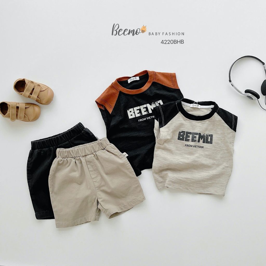 Bộ sát nách Beemo chất cotton xước 2 màu đen/be bé trai size 80-130 (form to)