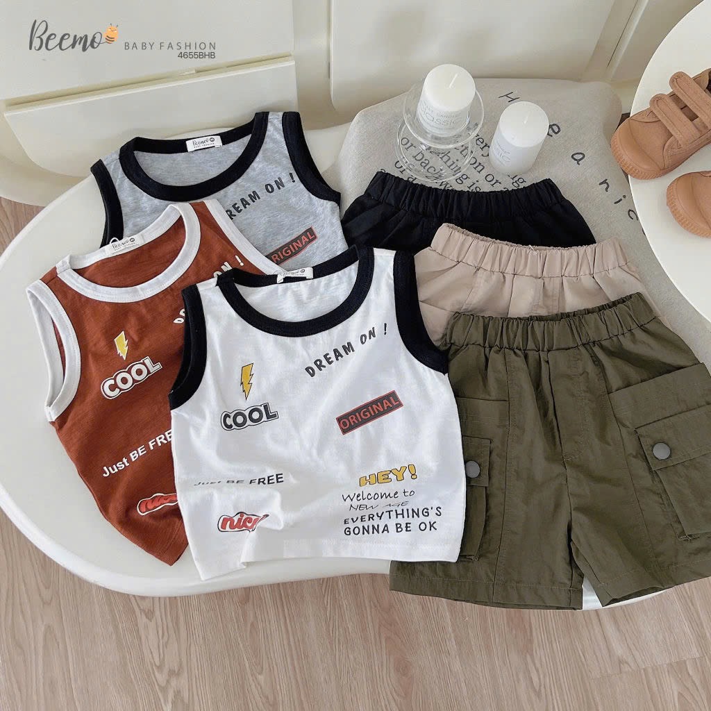 Bộ Beemo áo cotton sát nách + quần kaki bé trai size 80-130 (form to)