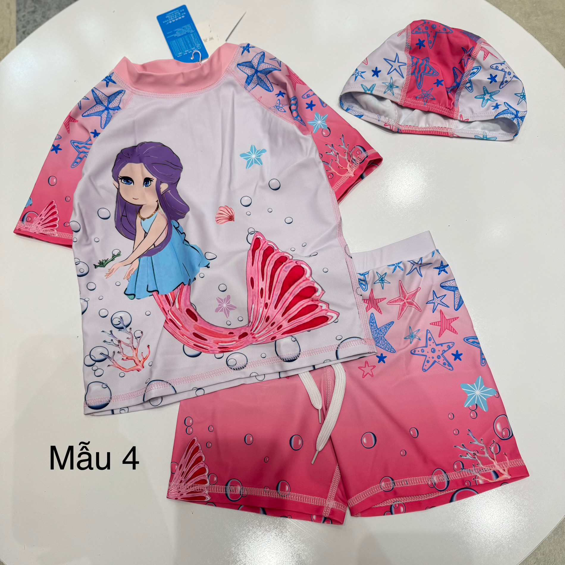 Bộ bơi 3ct kèm mũ hoạ tiết tiên cá nhiều màu cho bé gái size 90-140
