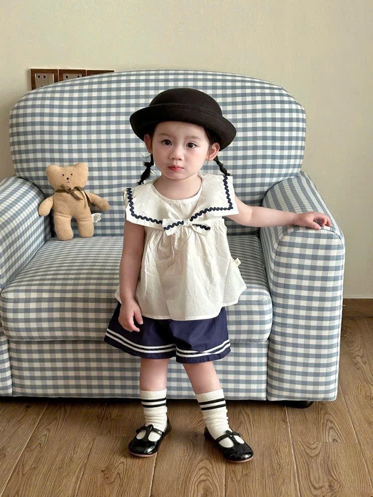 Set bộ QC áo trắng cổ thuỷ thủ + chân váy navy viền trắng bé gái size 90-130