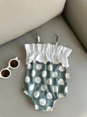 Bộ bơi Harifa hai dây màu xanh chấm bi trắng bé gái size 1-6y
