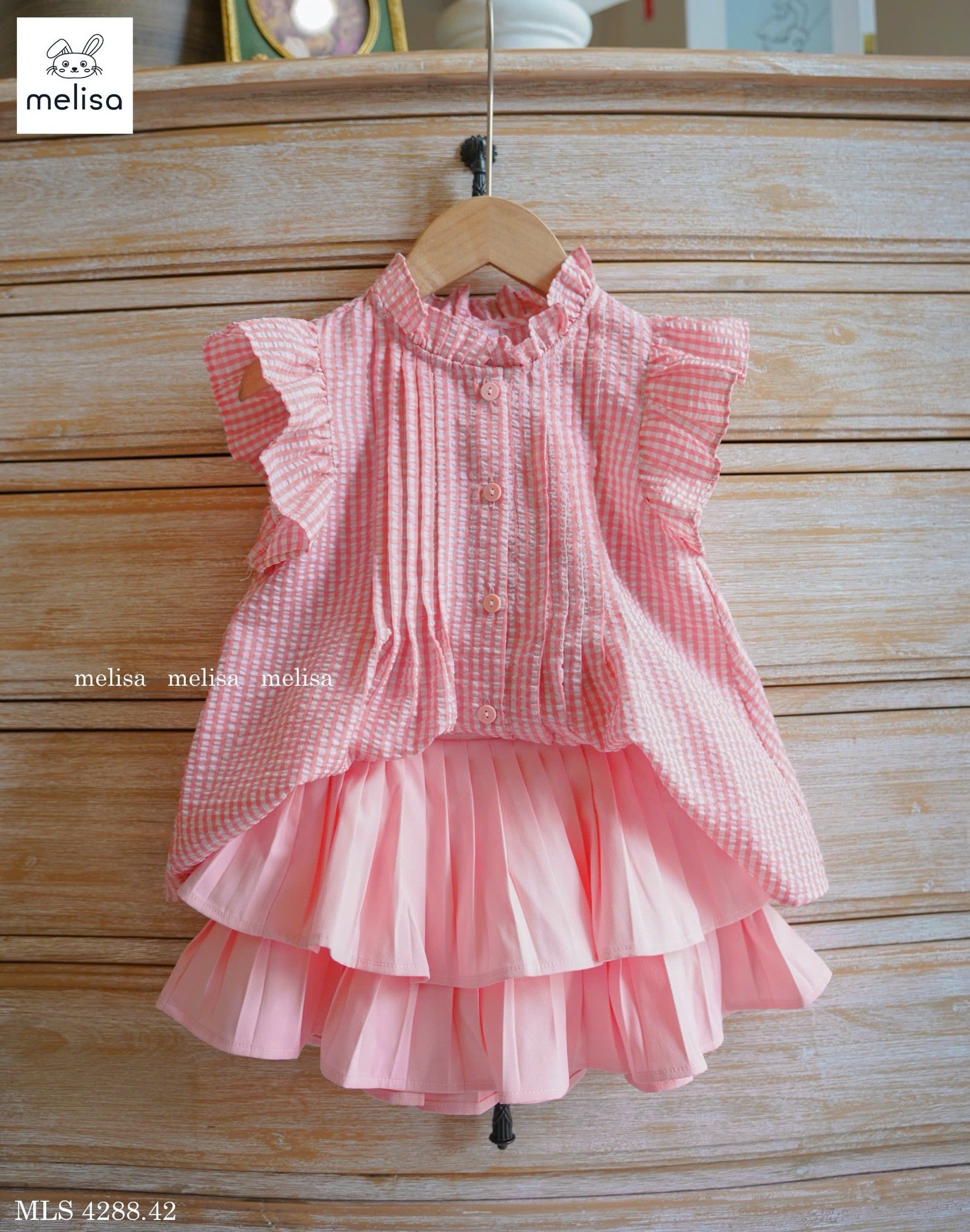 MLS 4288 - Set Melisa áo kẻ caro hồng trắng - chân váy xêp li hồng size 2 - 12y