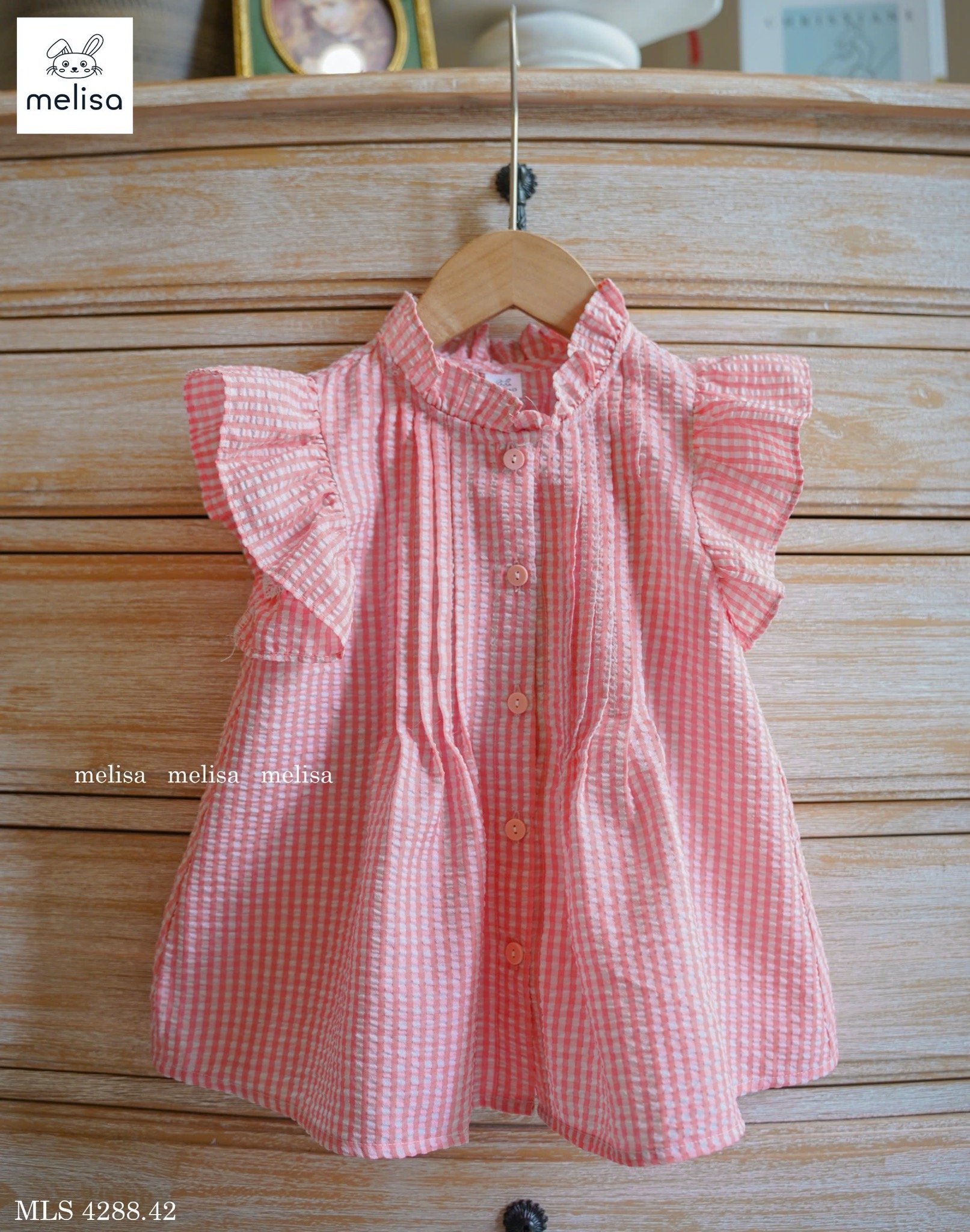 MLS 4288 - Set Melisa áo kẻ caro hồng trắng - chân váy xêp li hồng size 2 - 12y