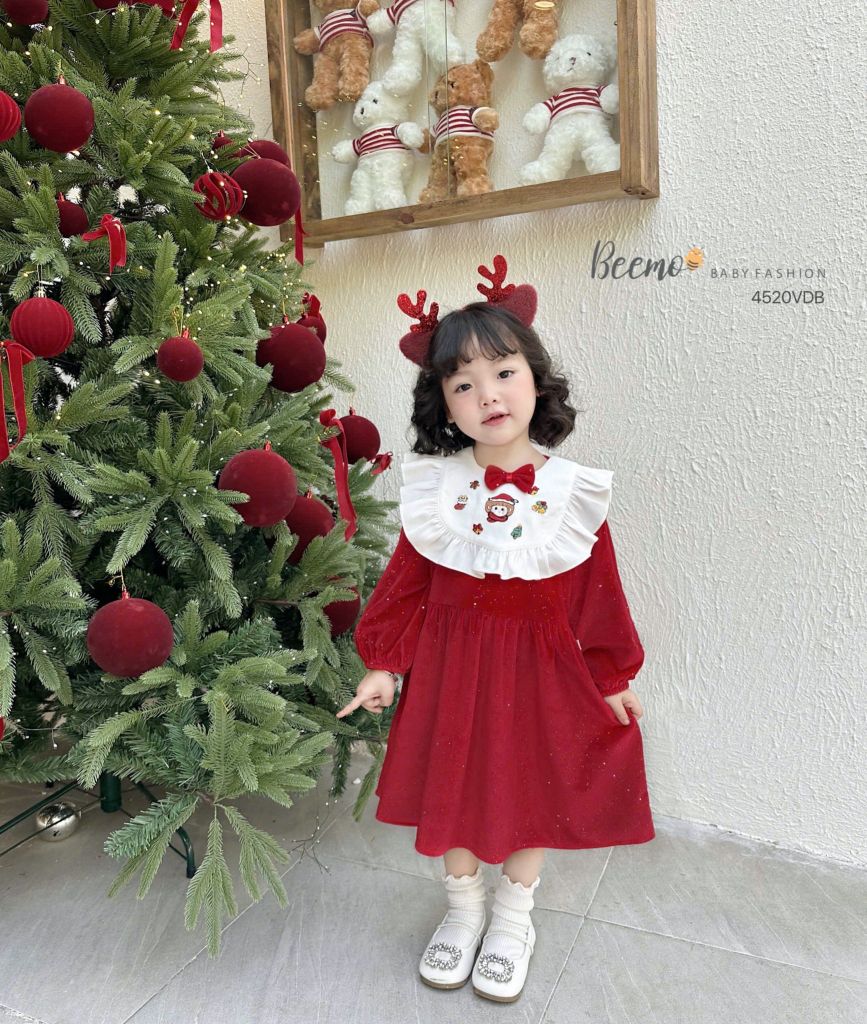 Váy nhung đỏ ánh nhũ Beemo kèm cổ yếm trắng size 80 - 130