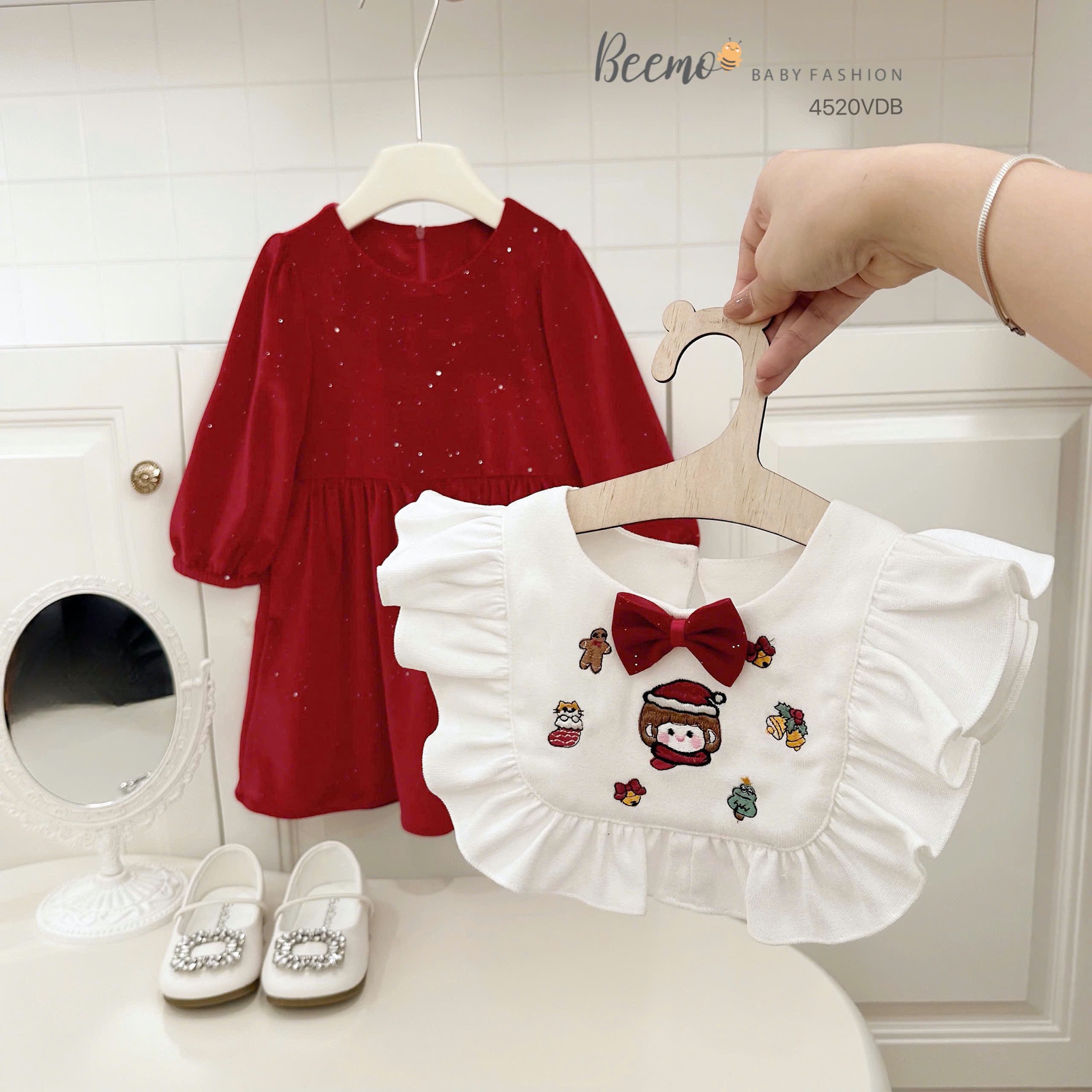 Váy nhung đỏ ánh nhũ Beemo kèm cổ yếm trắng size 80 - 130